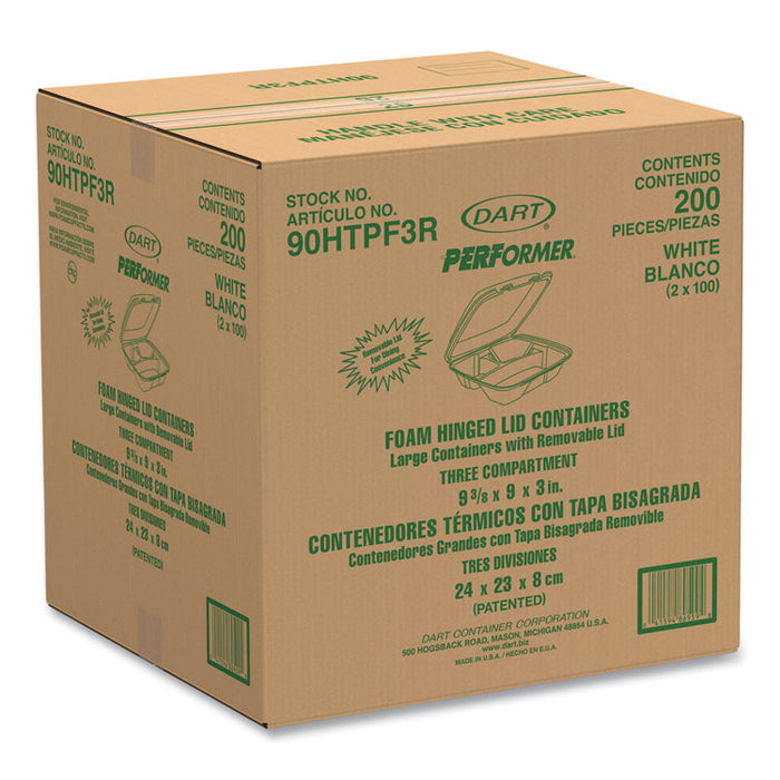 Foam Hinged Lid Container, Performer Perforated Lid, 3 Compartments, 9 x 9.4 x 3, White, 100/Bag, 2 Bag/Carton