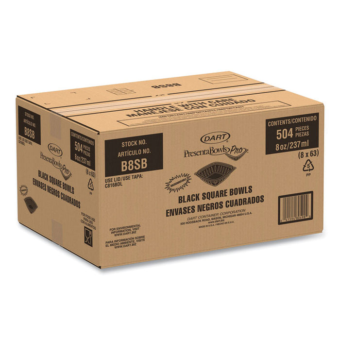 PresentaBowls Pro Black Square Bowls, 8 oz, 5 x 5 x 1.5, Plastic, 63/Bag, 8 Bags/Carton