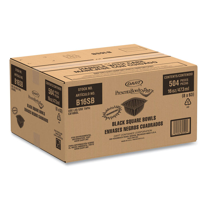 PresentaBowls Pro Black Square Bowls, 16 oz, 5 x 5 x 2.5, Plastic, 63/Bag, 8 Bags/Carton