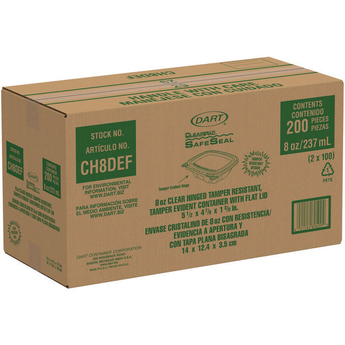 ClearPac SafeSeal Tamper-Resistant/Evident Containers, Flat Lid, 8 oz, Clear, Plastic, 100/Bag, 2 Bags/Carton