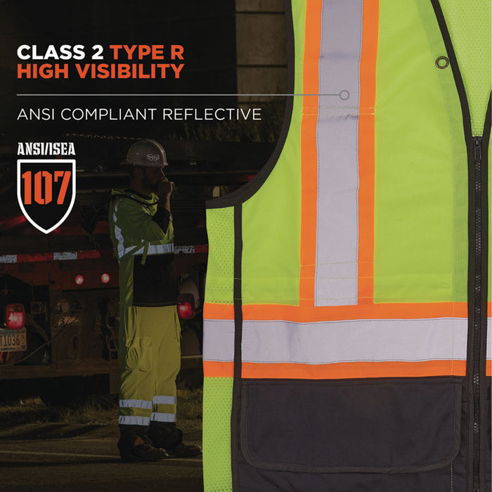 GloWear 8251HDZ Class 2 Two-Tone Hi-Vis Safety Vest, Polyester, 2X-Large to 3X-Large, Lime