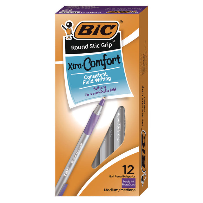 Round Stic Grip Xtra Comfort Ballpoint Pen, Easy-Glide System, Stick, Medium 1.2 mm, Purple Ink, Gray/Purple Barrel, Dozen
