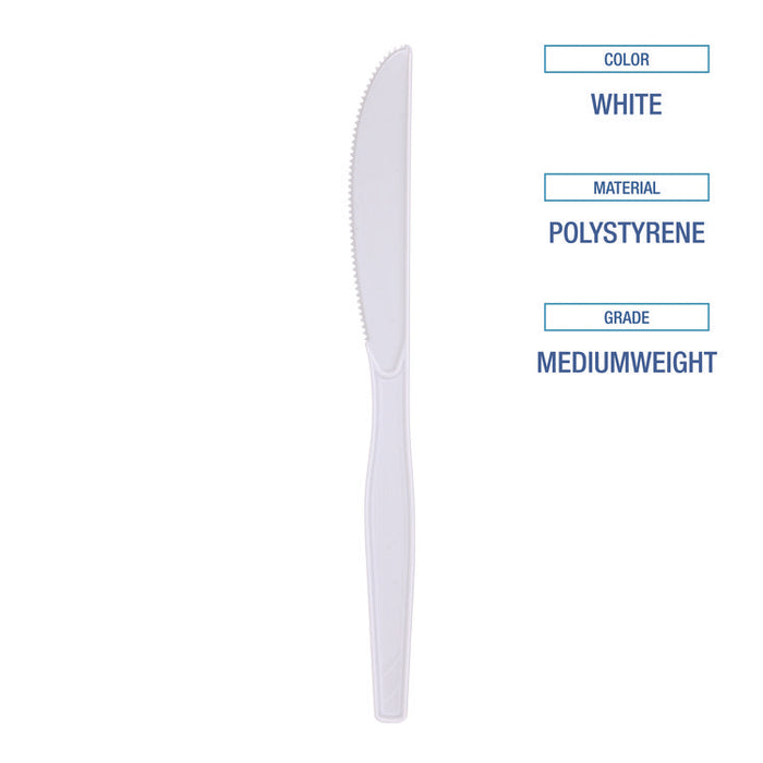Mediumweight Polystyrene Cutlery, Knife, Plastic, White, 100/Box, 10 Boxes/Carton