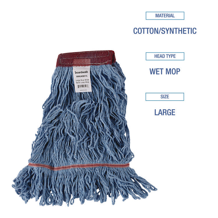 Cotton Mop Heads, Cotton/Synthetic, Large, Looped End, Wideband, Blue, 12/Carton
