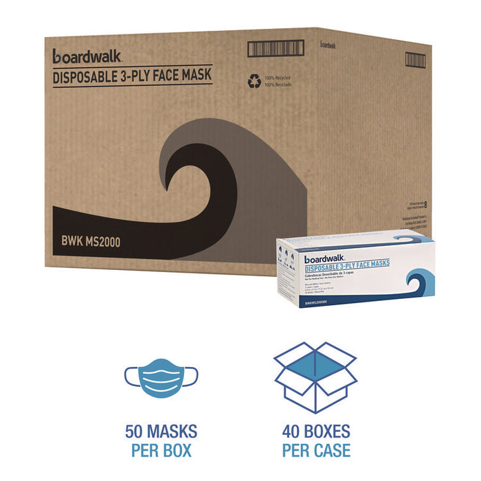 Three-Ply General Use Face Mask, Polypropylene, One Size Fits Most, Blue, 50/Box, 40 Boxes/Carton