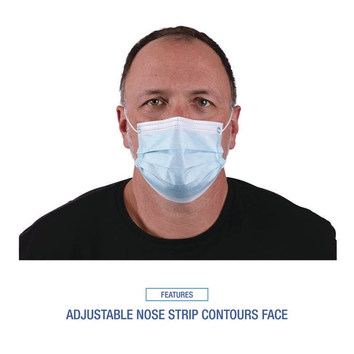 Three-Ply General Use Face Mask, Polypropylene, One Size Fits Most, Blue, 50/Box, 40 Boxes/Carton