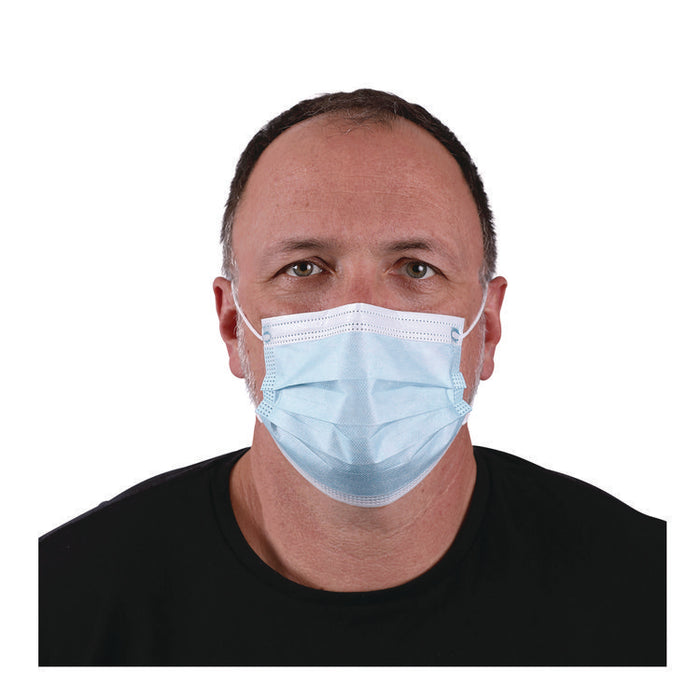 Three-Ply General Use Face Mask, Polypropylene, One Size Fits Most, Blue, 50/Box, 40 Boxes/Carton