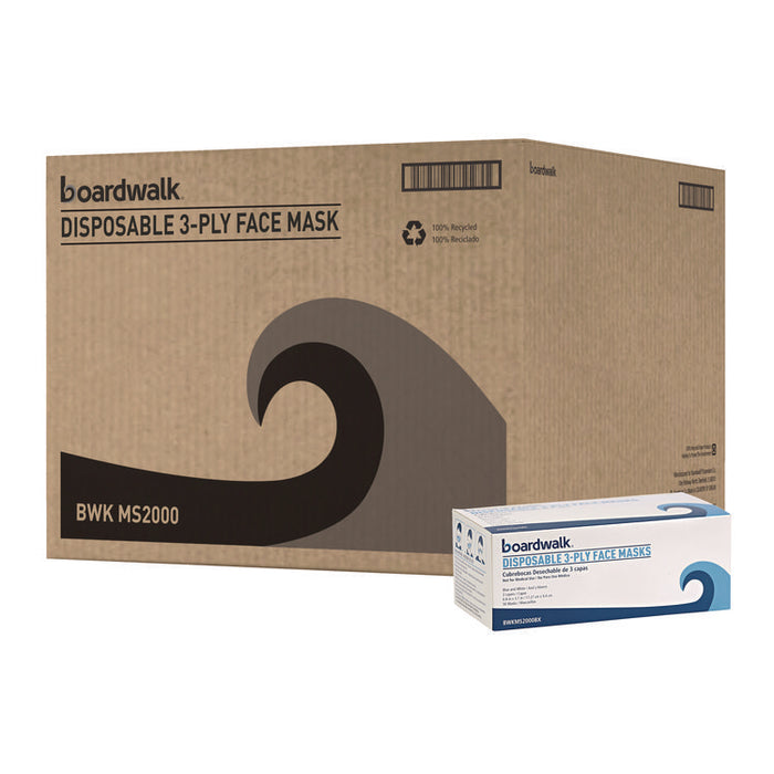 Three-Ply General Use Face Mask, Polypropylene, One Size Fits Most, Blue, 50/Box, 40 Boxes/Carton