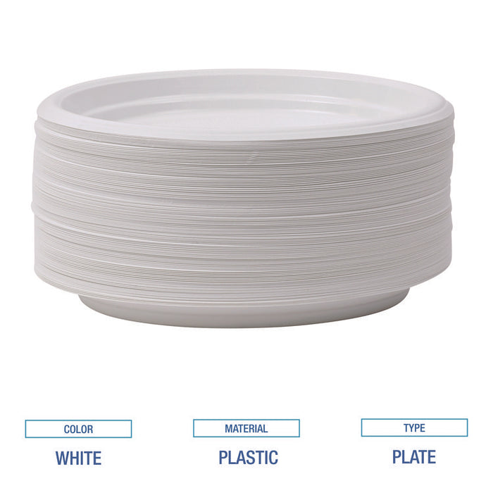 Hi-Impact Plastic Dinnerware, Plate, 9" dia, White, 500/Carton