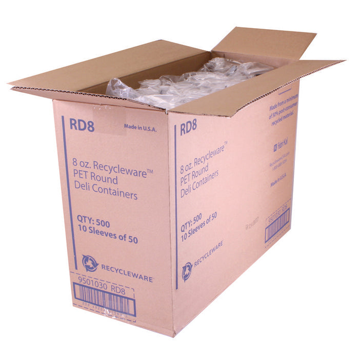 Recycleware Round Deli Container, 8 oz, 4.6" Diameter x 1.7" h, Clear, Plastic, 500/Carton