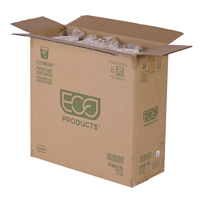 World Art Renewable and Compostable Food Container, 32 oz, 4.05" Diameter x 5.8" h, Tan, Paper, 25/Pack, 20 Packs/Carton