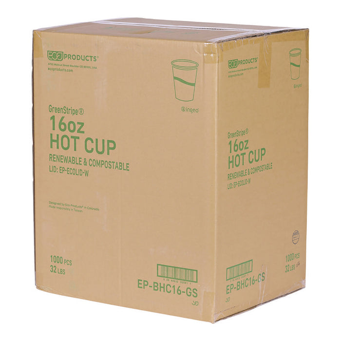 GreenStripe Renewable and Compostable Hot Cups, 16 oz, Paper, White/Green, 50/Pack, 20 Packs/Carton
