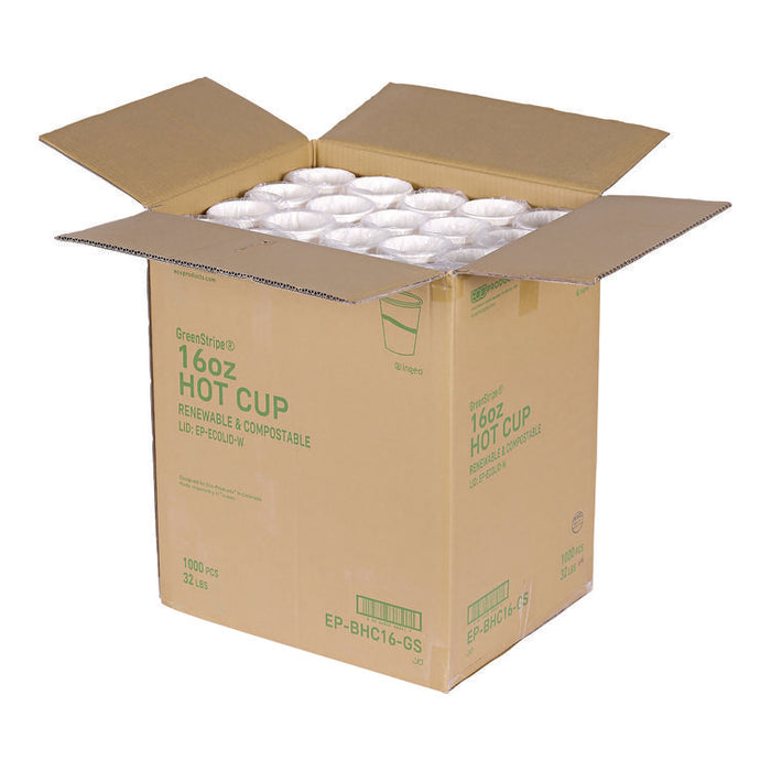 GreenStripe Renewable and Compostable Hot Cups, 16 oz, Paper, White/Green, 50/Pack, 20 Packs/Carton