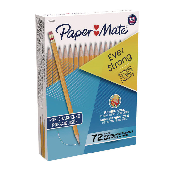 EverStrong #2 Pre-Sharpened Woodcase Pencils, HB (#2), Black Lead, Yellow Barrel, 72/Box