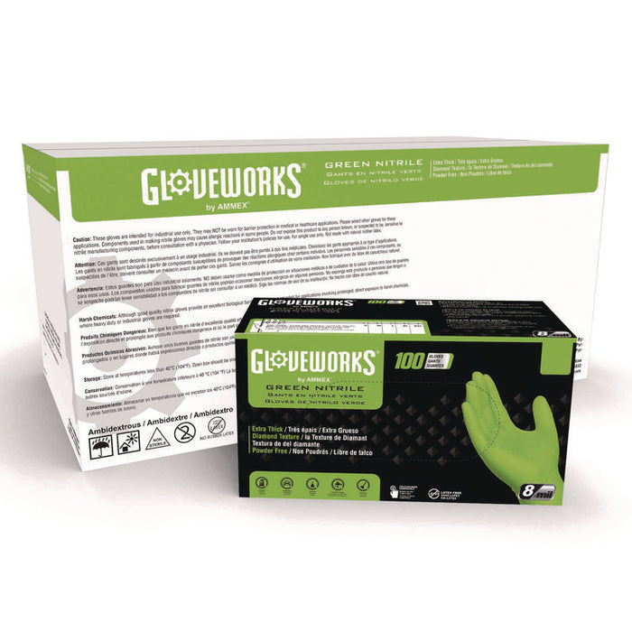 Heavy-Duty Industrial Nitrile Gloves, Powder-Free, Medium, 8 mil Thick, 9.5" Long, Green, 100/Box, 10 Boxes/Carton