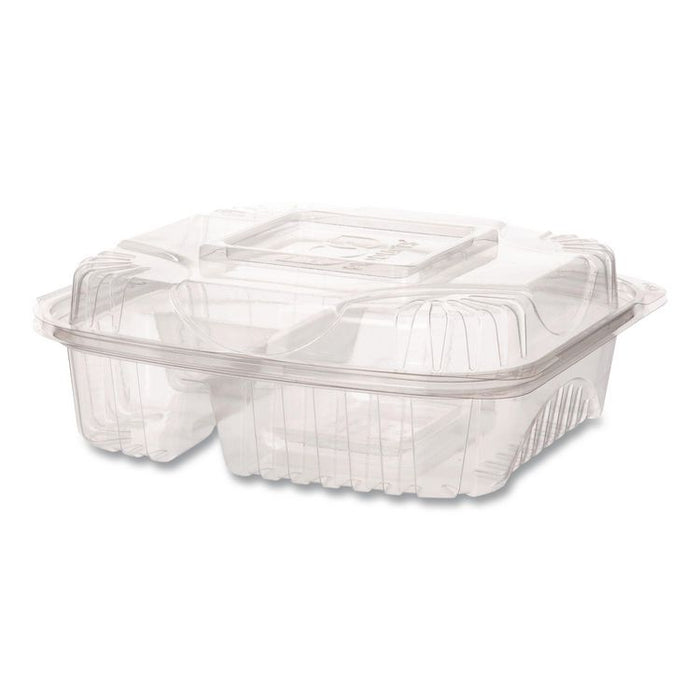 Renewable and Compostable Clear Clamshell Hinged Food Containers, 3 Compartments, 8 x 8 x 3, Plastic, 80/Pack, 2 Packs/Carton