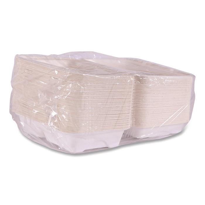 Vanguard Renewable and Compostable Sugarcane Clamshells, 3 Compartments, 9 x 6 x 3, White, 250/Carton