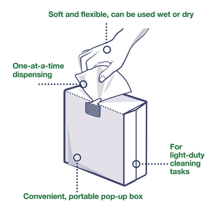 Light Duty Cleaning Cloth Pop Up Box, 1-Ply, 8.3 x 16.1, White, 120 Cloths/Pack, 10 Packs/Carton