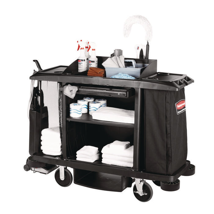 Housekeeping Cart, Plastic, 3 Shelves, 2 Bins, 22" x 60" x 50", Black