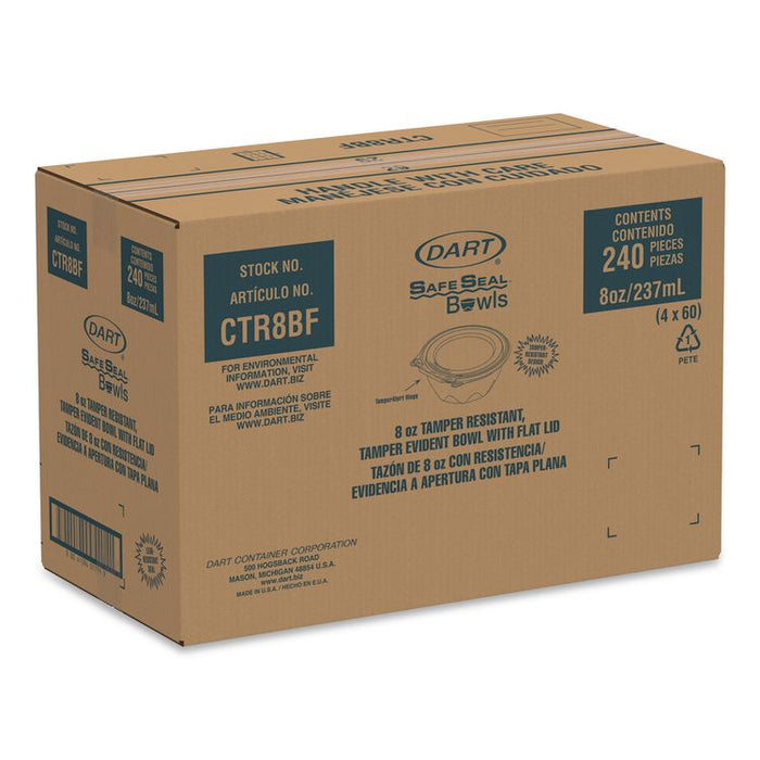 SafeSeal Tamper-Resistant, Tamper-Evident Bowls with Flat Lid, 8 oz, 5.5" Diameter x 1.7" h, Clear, Plastic, 240/Carton