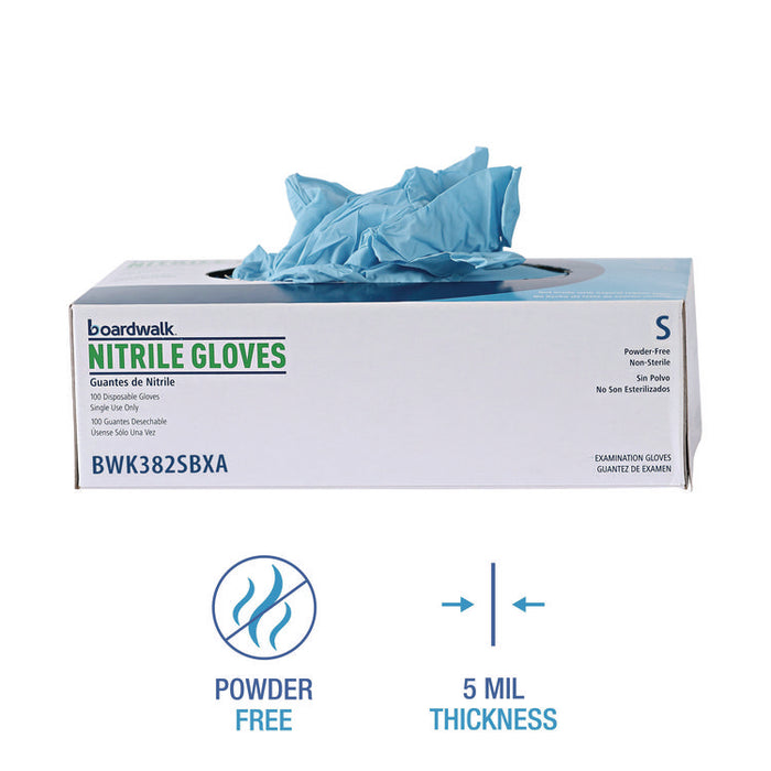 Disposable Examination Nitrile Gloves, Powder-Free, Small, 5 mil Thick, 9.5" Long, Blue, 100/Box