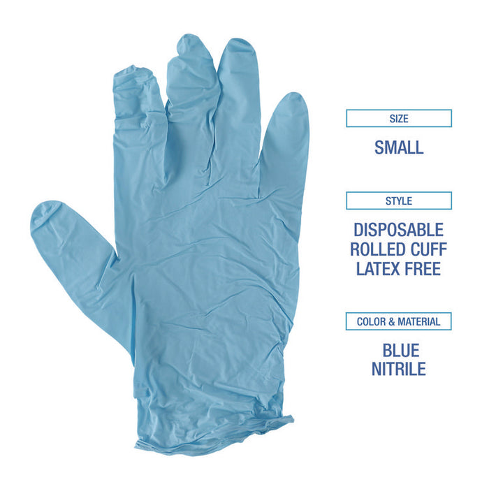 Disposable Examination Nitrile Gloves, Powder-Free, Small, 5 mil Thick, 9.5" Long, Blue, 100/Box