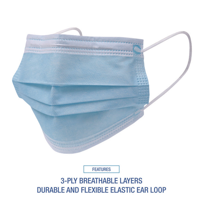 Three-Ply General Use Face Mask, Polypropylene, One Size Fits Most, Blue, 50/Box