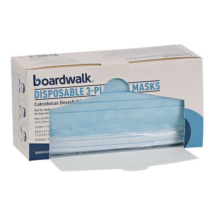 Three-Ply General Use Face Mask, Polypropylene, One Size Fits Most, Blue, 50/Box
