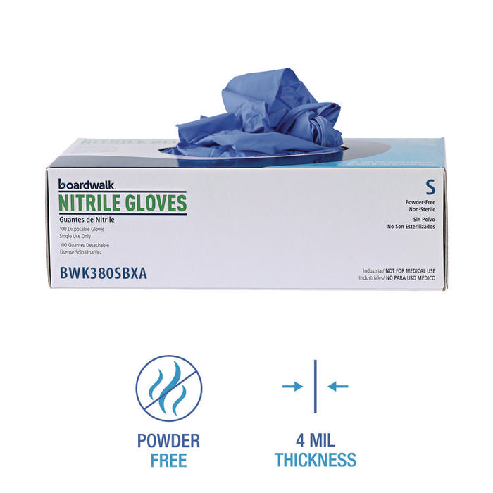 380 Series Disposable General-Purpose Nitrile Gloves, Powder-Free, Small, 4 mil Thick, 9.5" Long, Blue, 100/Box