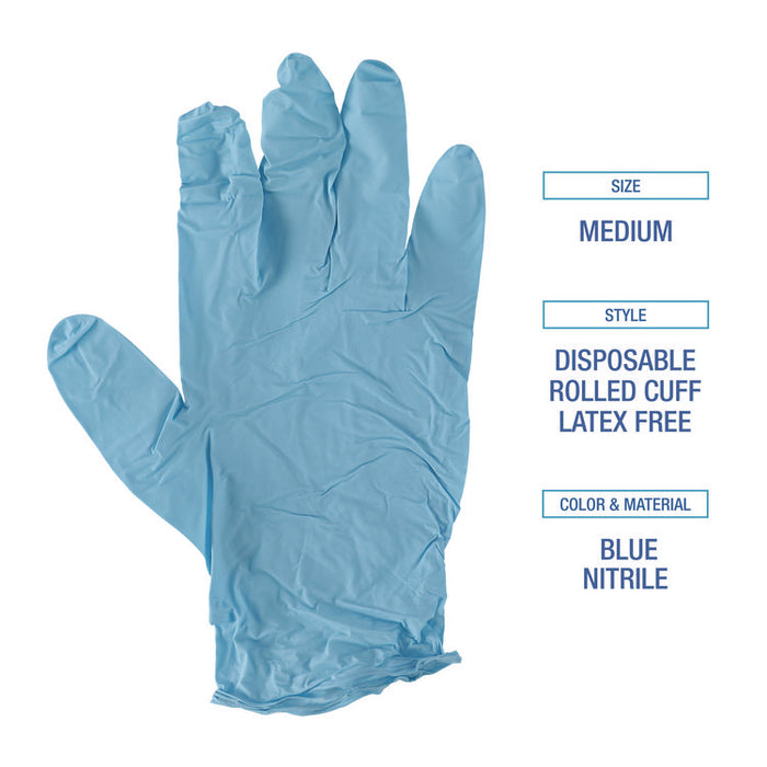 Disposable Examination Nitrile Gloves, Powder-Free, Medium, 5 mil Thick, 9.5" Long, Blue, 100/Box, 10 Boxes/Carton