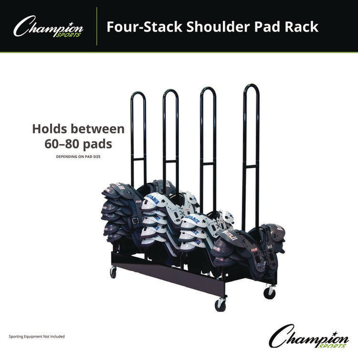 Mobile Four-Stack Shoulder Pad Rack, Metal, 176 lb Capacity, 24" x 59" x 68", Black