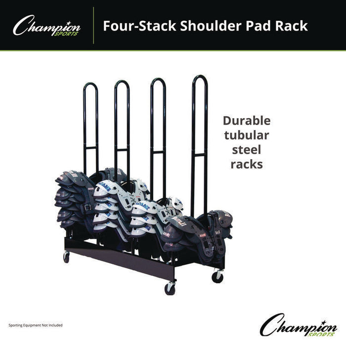 Mobile Four-Stack Shoulder Pad Rack, Metal, 176 lb Capacity, 24" x 59" x 68", Black