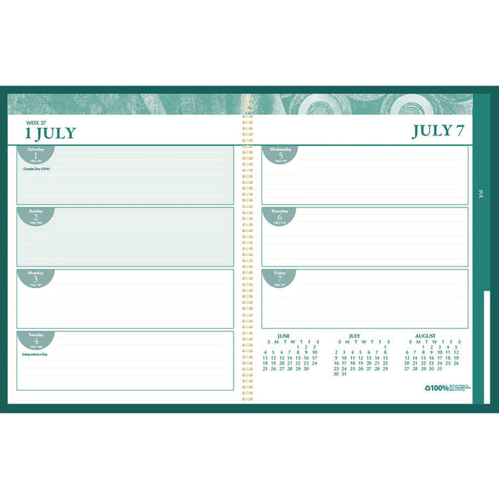 100% Recycled MonoBright Monthly/Weekly Planner, 11 x 8.5, Green/Gold Cover, 12-Month (July to June): 2025 to 2026
