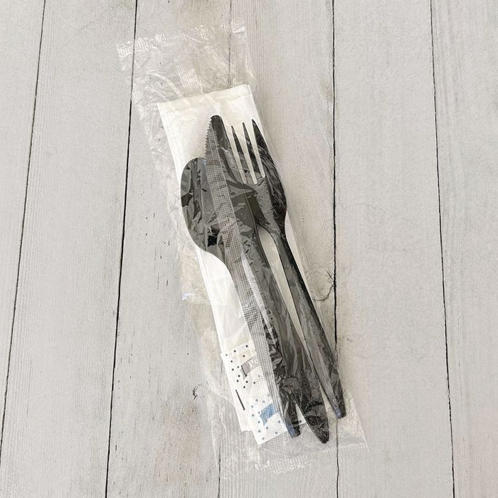 Six-Piece Cutlery Kit, Mediumweight, Fork/Knife/Napkin/Pepper/Salt/Spoon, 5.86", Plastic, Black, 250/Carton