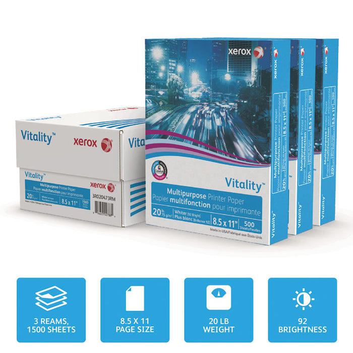 Vitality Multipurpose Print Paper, 92 Bright, 20 lb Bond Weight, 8.5 x 11, White, 500 Sheets/Ream, 3 Reams/Carton