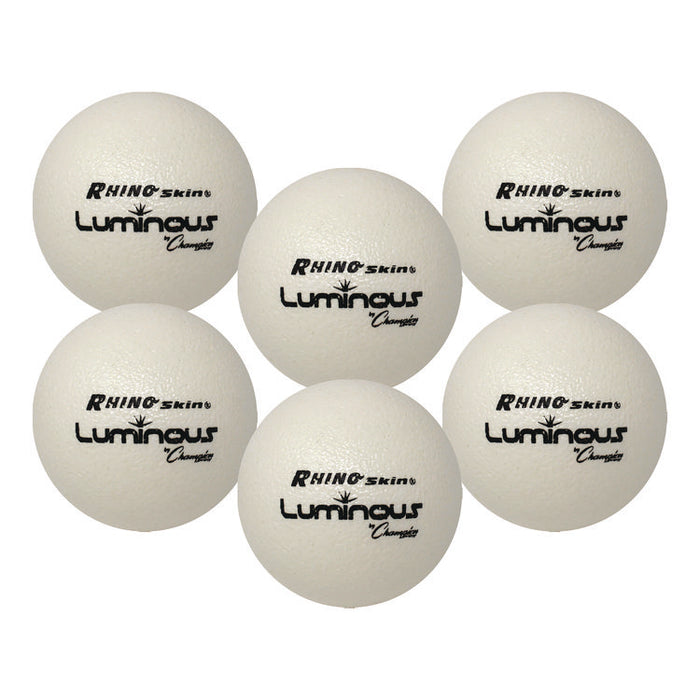 Rhino Skin Luminous Dodgeball Set, 6.3" Diameter, Luminous White/Blue, 6/Set
