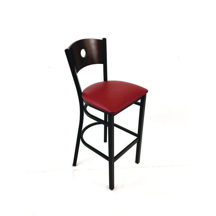 Circle Series Barstool, Supports Up to 300 lb, 28.5" Seat Height, Burgundy Seat, Dark Walnut Back, Black Base