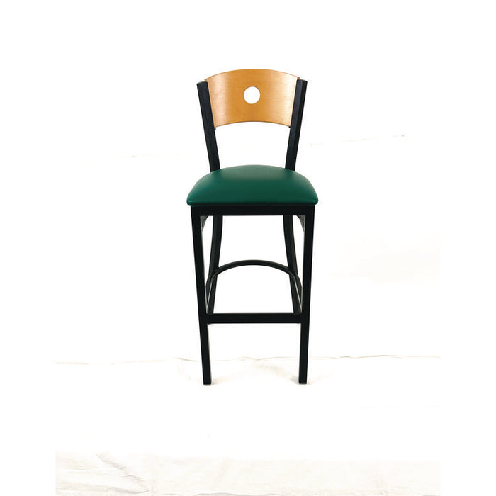 Circle Series Barstool, Supports Up to 300 lb, 28.5" Seat Height, Green Seat, Natural Back, Black Base