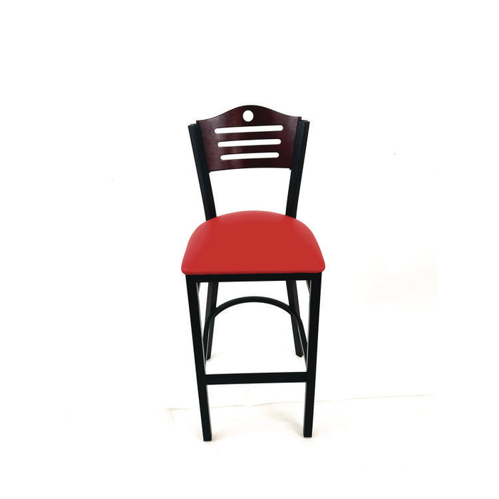 Eagle Series Barstool, Supports Up to 300 lb, 28.5" Seat Height, Red Seat, Dark Mahogany Back, Black Base