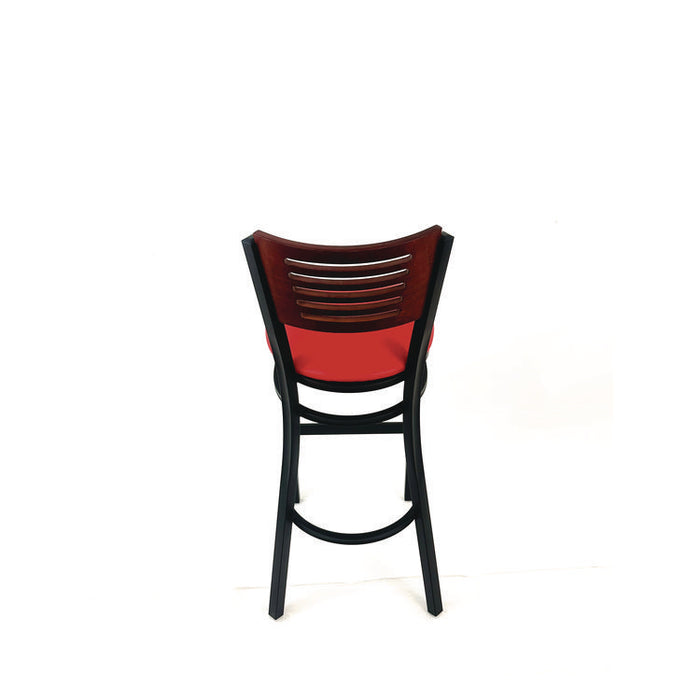 Jones River Series Barstool, Supports Up to 300 lb, 28.5" Seat Height, Red Seat, Dark Mahogany Back, Black Base