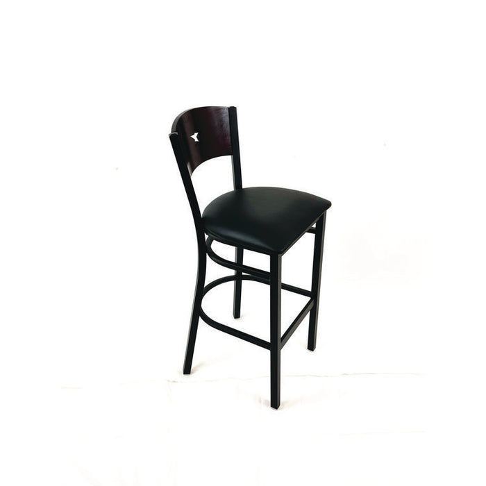 Liberty Series Barstool, Supports Up to 300 lb, 28.5" Seat Height, Black Seat, Dark Mahogany Back, Black Base