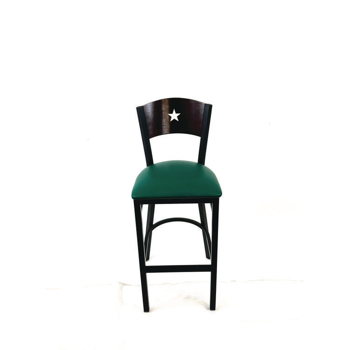Liberty Series Barstool, Supports Up to 300 lb, 28.5" Seat Height, Green Seat, Dark Mahogany Back, Black Base