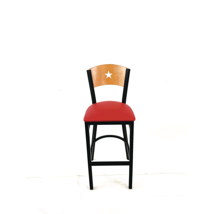 Liberty Series Barstool, Supports Up to 300 lb, 28.5" Seat Height, Red Seat, Natural Back, Black Base