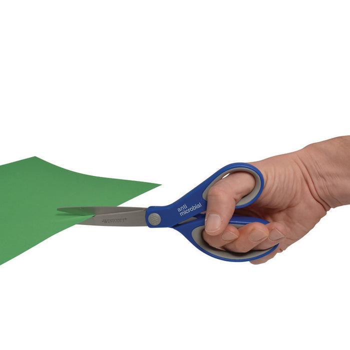 Scissors with Antimicrobial Protection, 8" Long, 3.25" Cut Length, Straight Blue/Gray Handle, 3/Pack