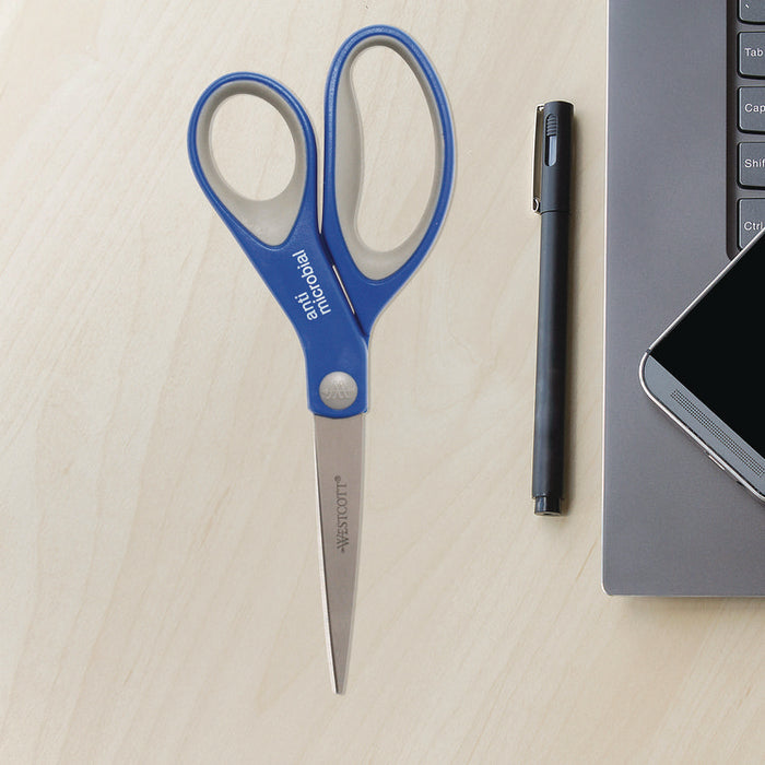 Scissors with Antimicrobial Protection, 8" Long, 3.25" Cut Length, Straight Blue/Gray Handle, 3/Pack