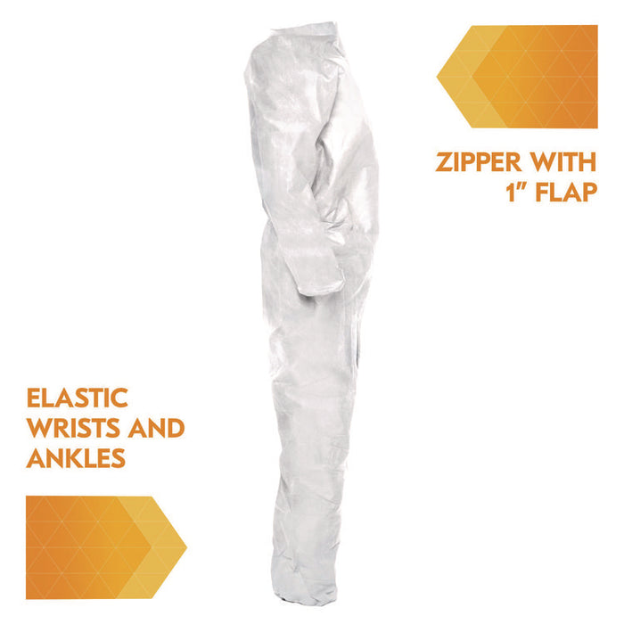 A20 Breathable Particle Protection Coveralls, Zip Front, Elastic Back, Wrists, Ankles, Large, White, 24/Carton