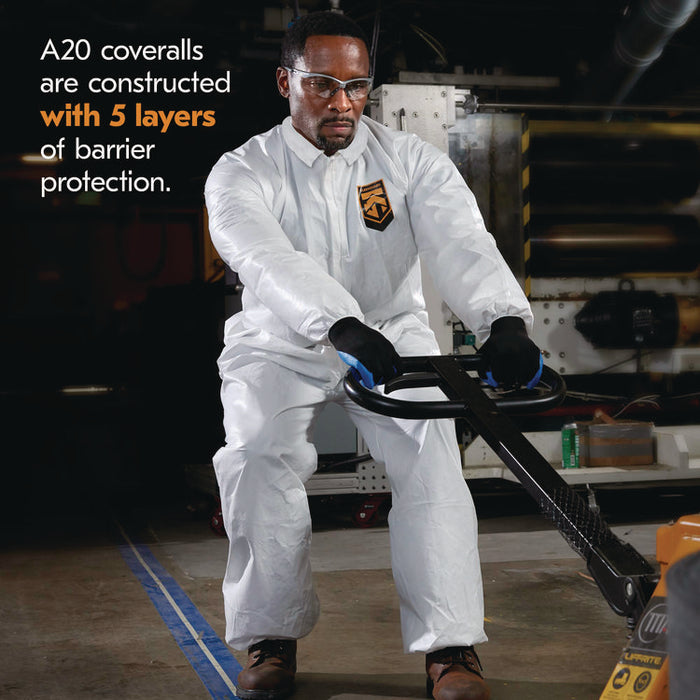 A20 Breathable Particle Protection Coveralls, Zip Front, Elastic Back, Wrists, Ankles, Large, White, 24/Carton