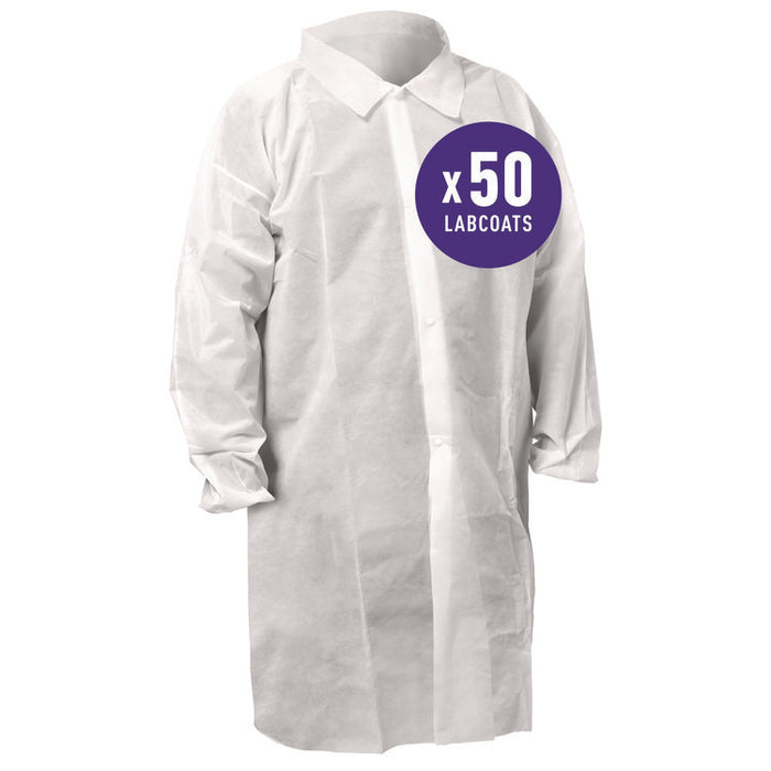 KGA10 Standard Weight Lab Coat for Non-Hazardous Particulate Protection, Large, White, 50/Carton
