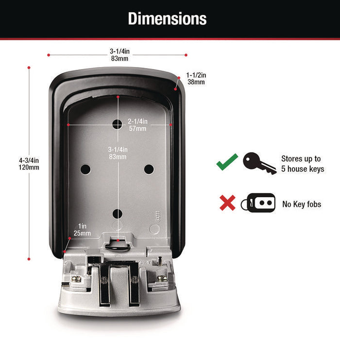 Locking Combination 5-Key Steel Box, 3.25" Wide, Black/Silver