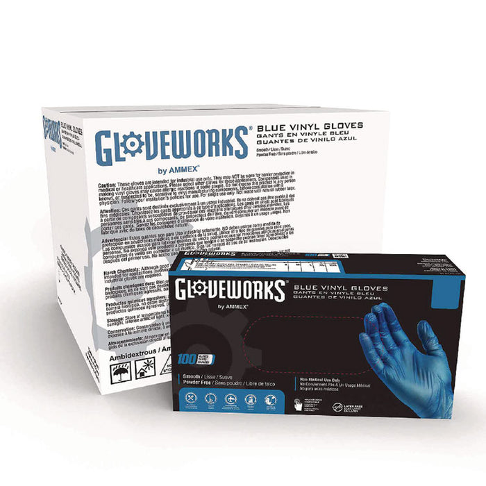 Industrial Vinyl Gloves, Powder-Free, Medium, 3 mil Thick, 9.5" Long, Blue, 100/Box, 10 Boxes/Carton